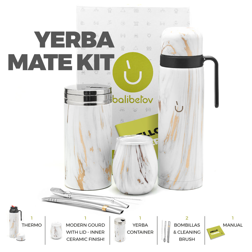 Hochwertiges Yerba Mate-Kit aus Edelstahl (Goldmarmor)