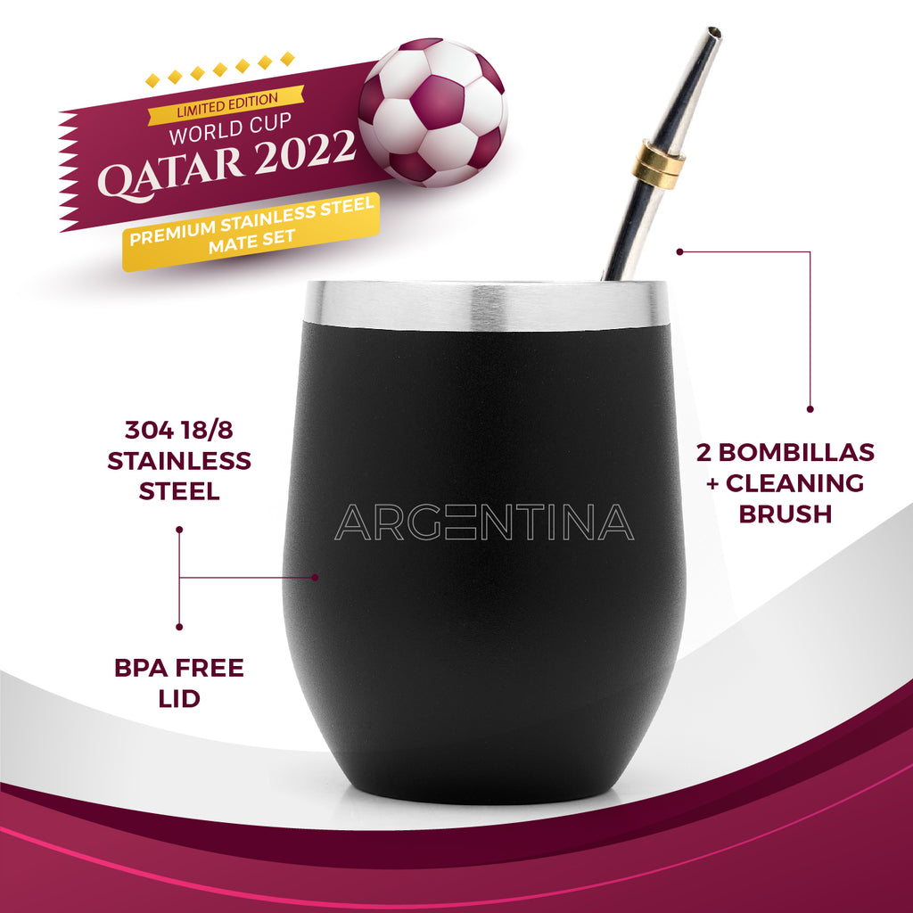 Edición limitada World Cup Qatar 2022 Premium Acero inoxidable Yerba Mate Gourd Set (negro, 8 oz)