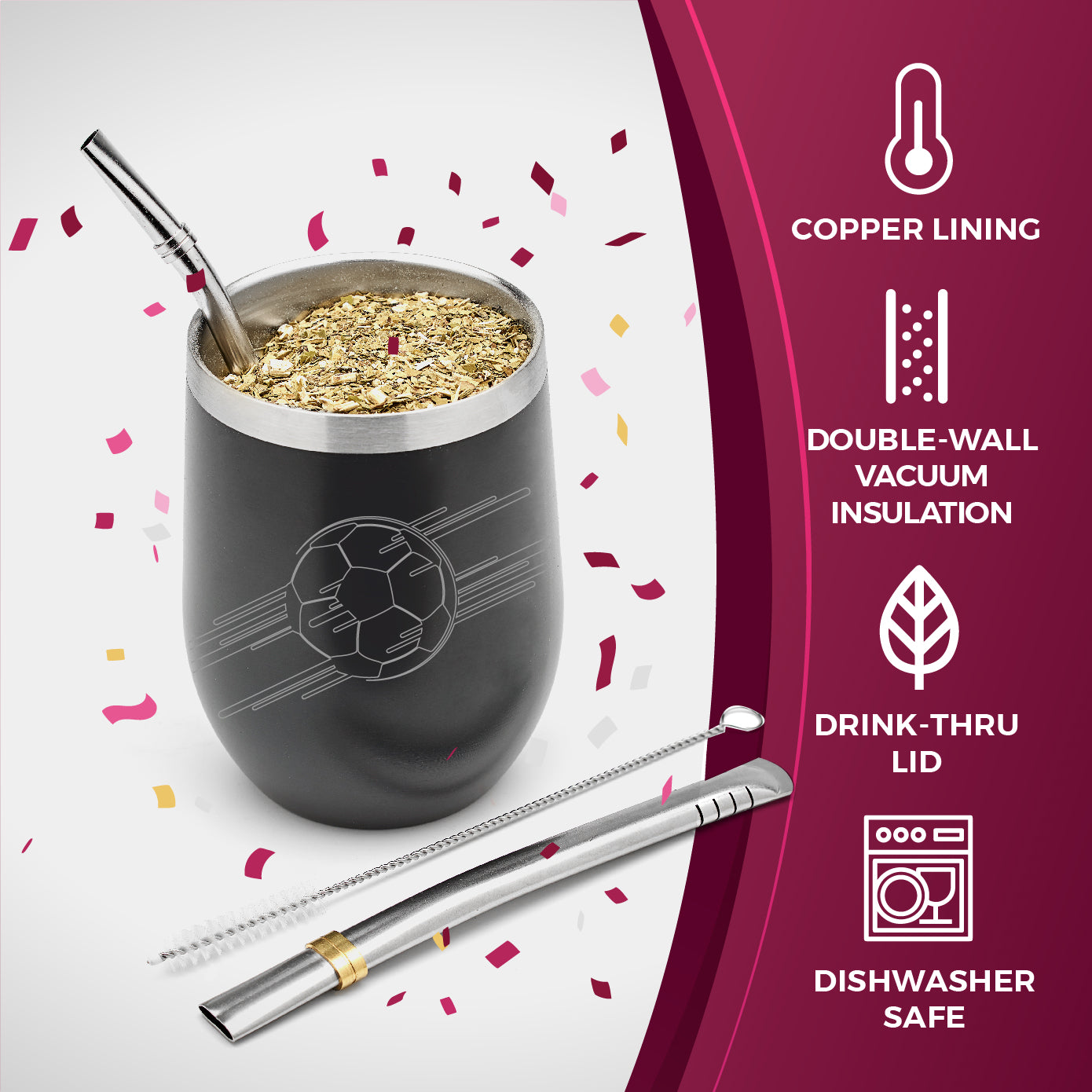 Limited Edition World Cup Qatar 2022 Premium Stainless Steel Yerba Mate Gourd Set (Black, 8oz)