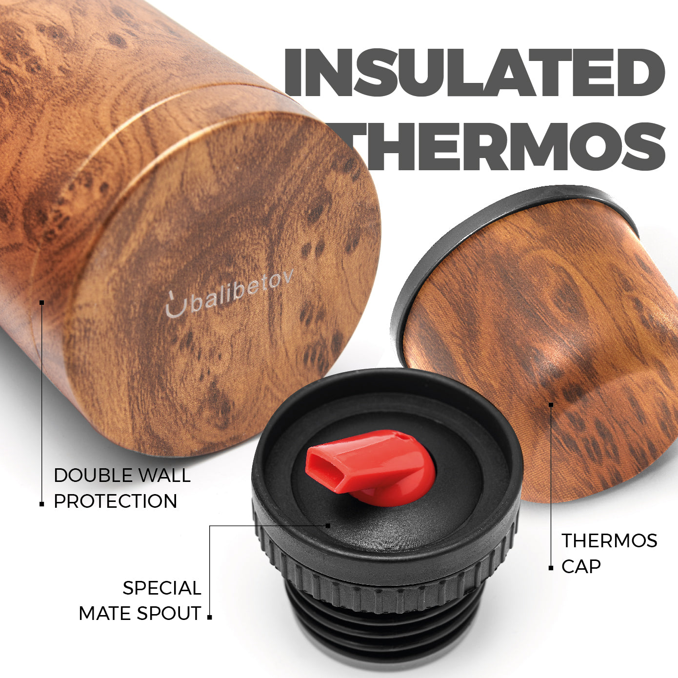 Stainless Steel Thermos - Mate Spout (Wood)