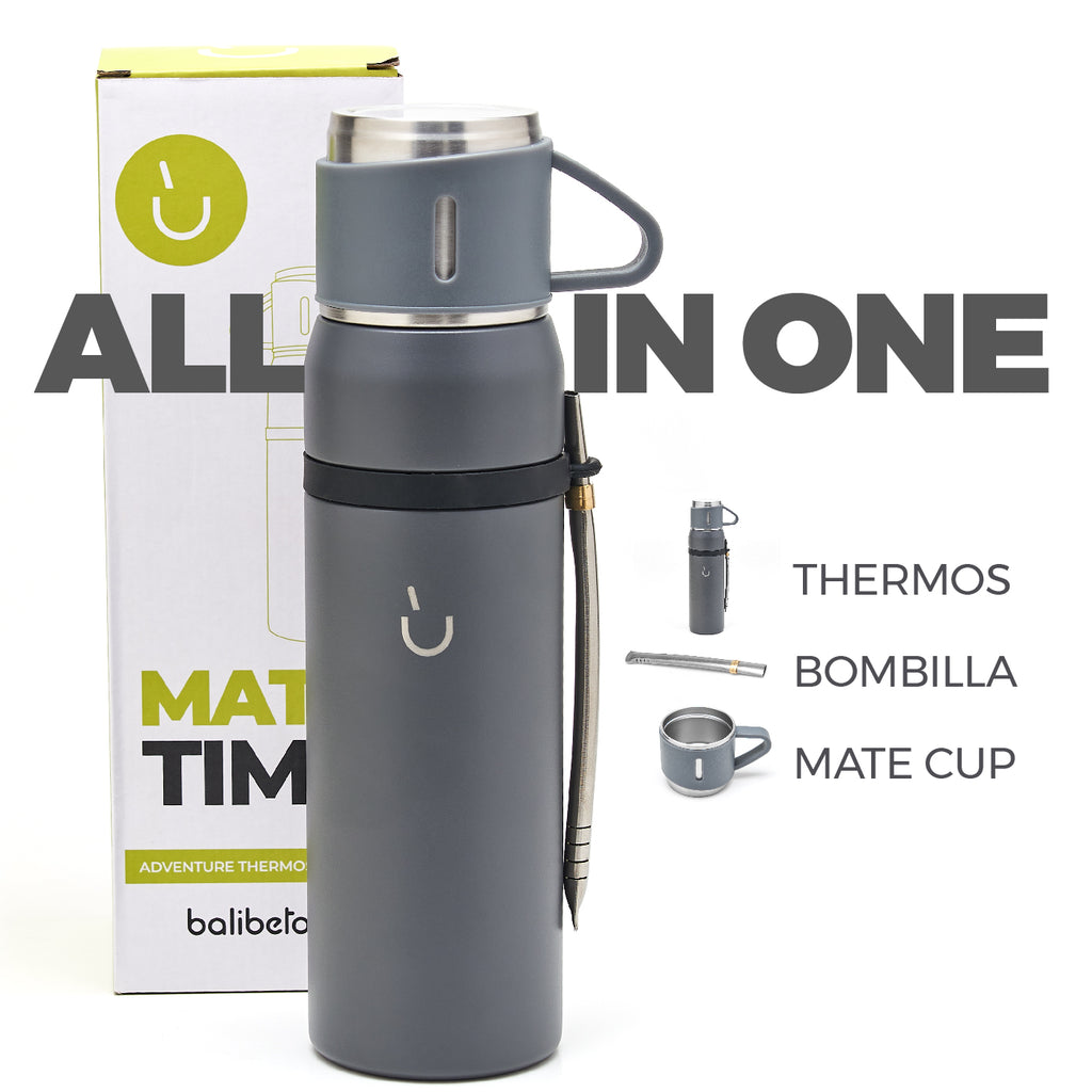 Stainless Steel Adventure Thermos - Mate Cup Cap & Bombilla Included (Gray)
