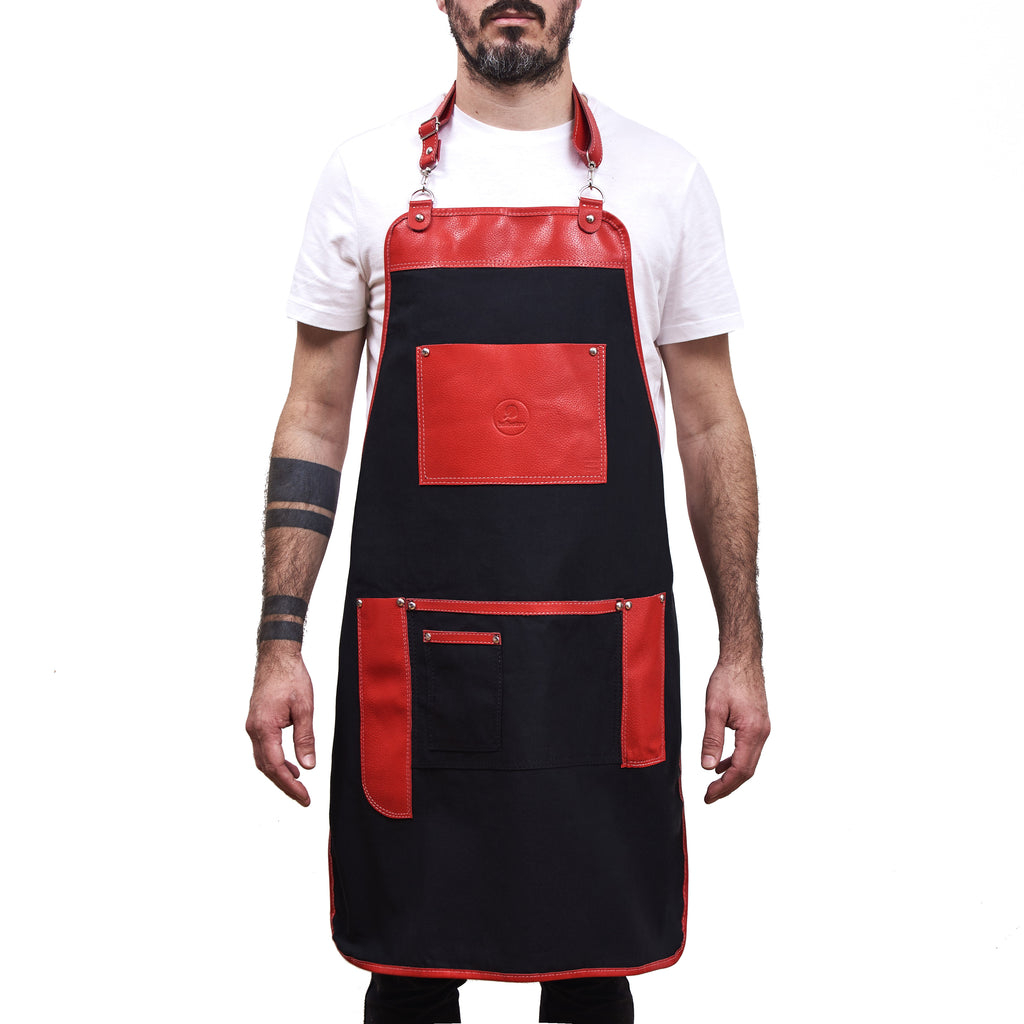 Jean Fabric Grilling Apron with Genuine Leather Details (Red)