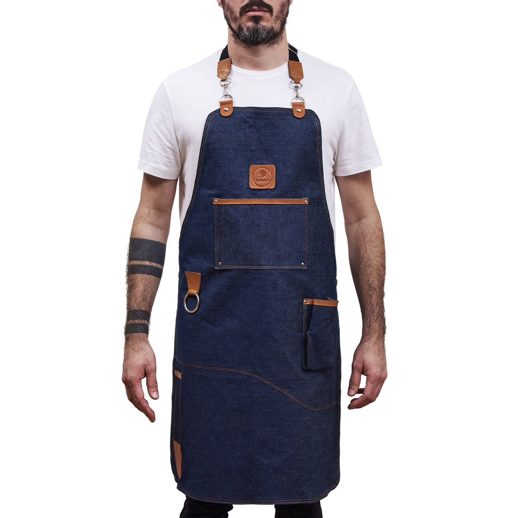 Jean Fabric Grilling Apron with Genuine Leather Details (Natural)
