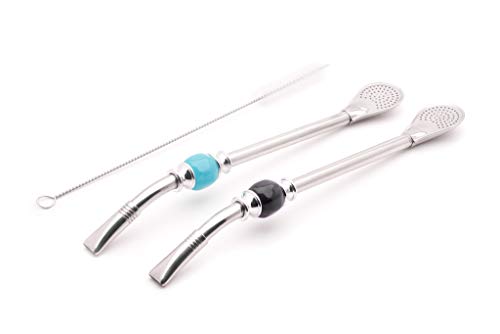 Premium Big Stainless Steel Bombilla Straw  - Set of 2 (Black & Light Blue)