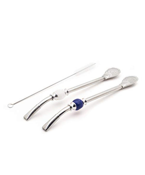 Premium Big Stainless Steel Bombilla Straw  - Set of 2 (White & Blue)