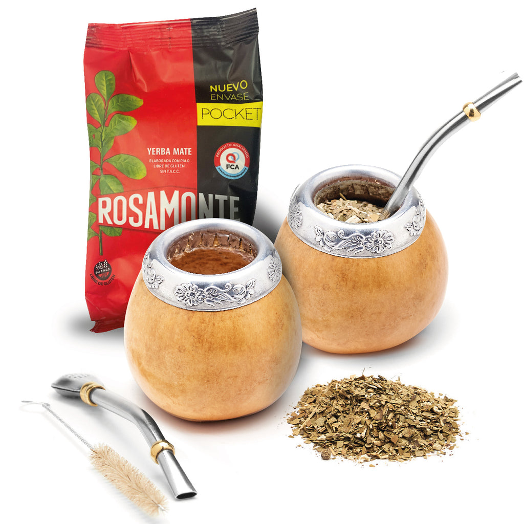 Traditional Calabash Mate Gourd Set for Two - Yerba Mate Bag Included (Suela)