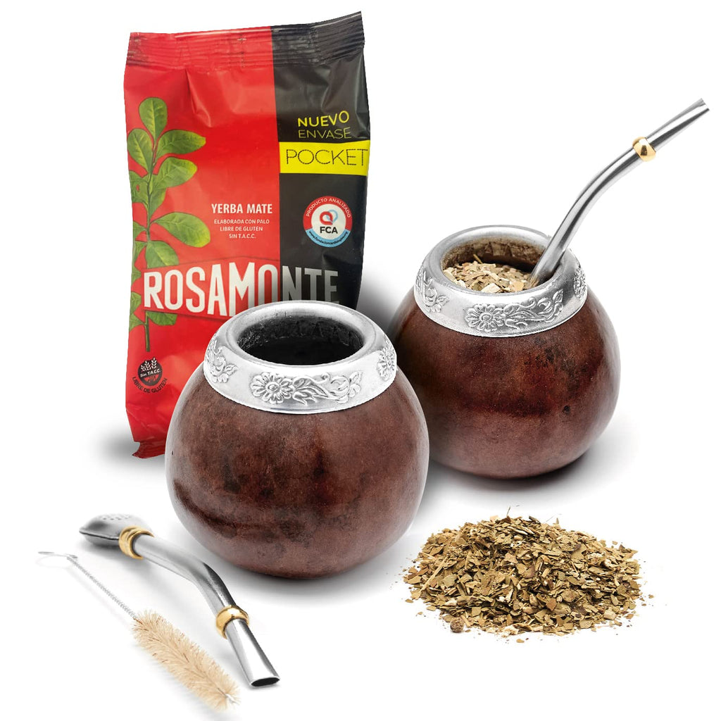 Traditional Calabash Mate Gourd Set for Two - Yerba Mate Bag Included (Dark Brown)