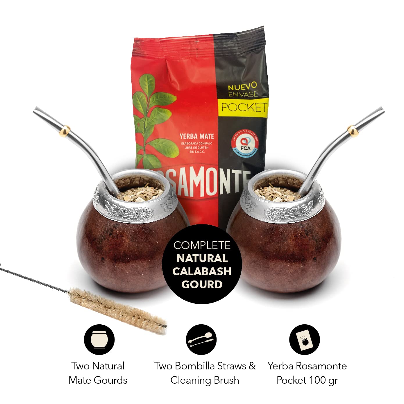 Traditional Calabash Mate Gourd Set for Two - Yerba Mate Bag Included (Dark Brown)