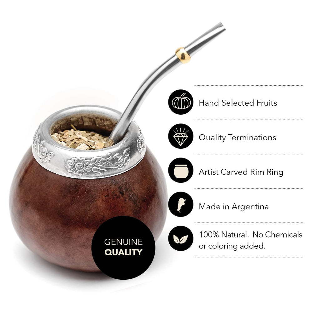 Traditional Calabash Mate Gourd Set for Two - Yerba Mate Bag Included (Dark Brown)