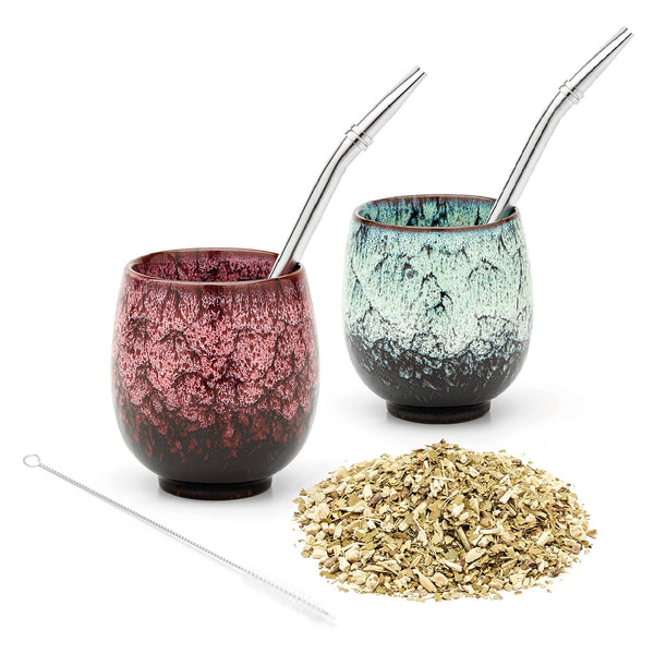 Ceramic Yerba Mate Gourd Set for Two (Winter & Summer)