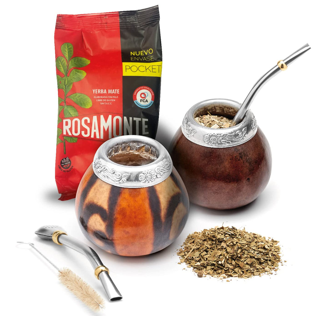 Traditional Calabash Mate Gourd Set for Two - Yerba Mate Bag Included (Brown & Natural 02)