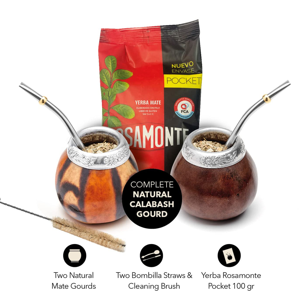 Traditional Calabash Mate Gourd Set for Two - Yerba Mate Bag Included (Brown & Natural 02)