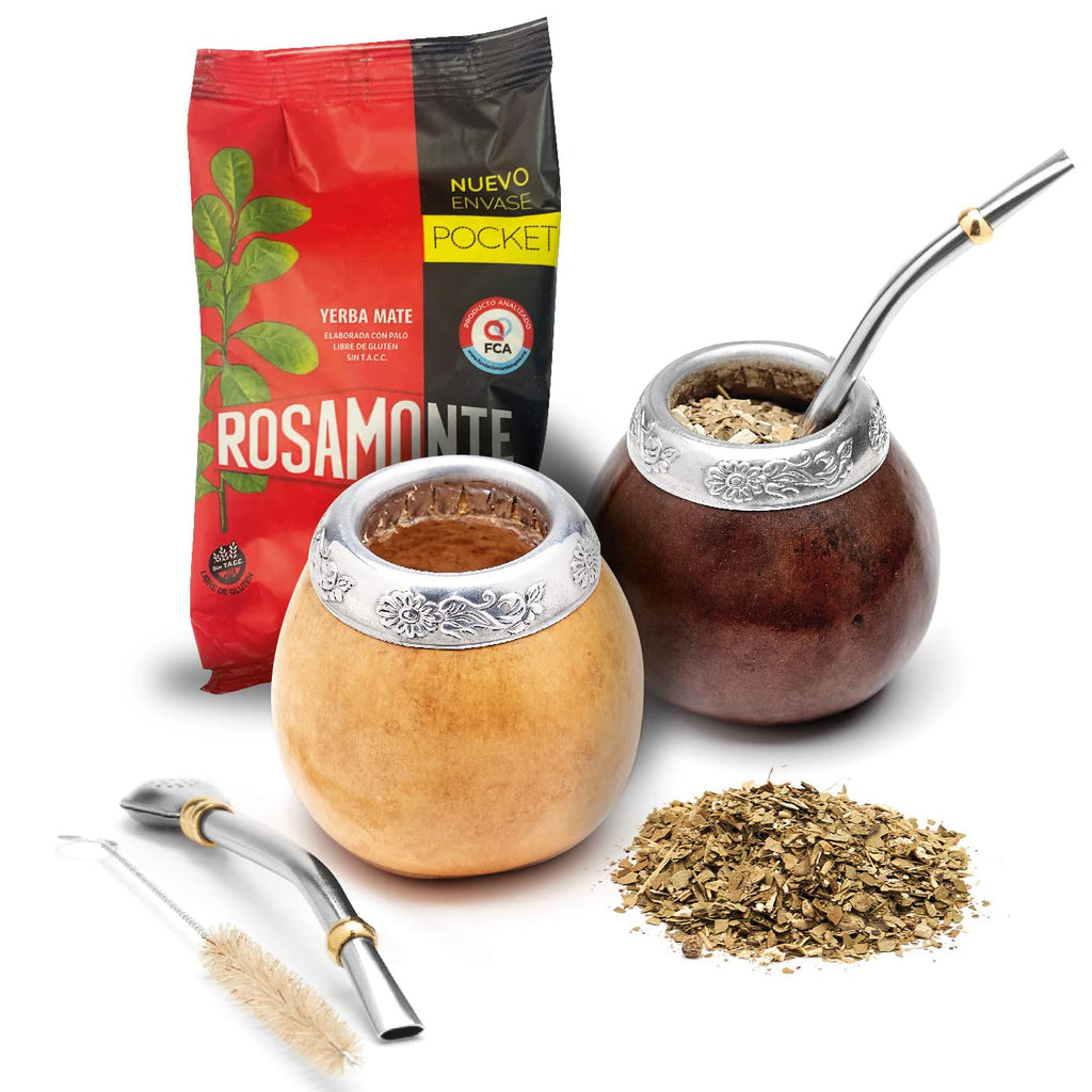 Traditional Calabash Mate Gourd Set for Two - Yerba Mate Bag Included (Brown & Natural)