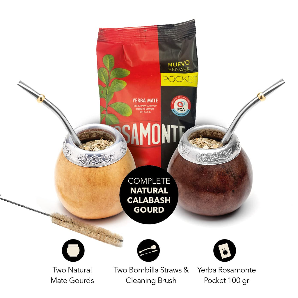 Traditional Calabash Mate Gourd Set for Two - Yerba Mate Bag Included (Brown & Natural)