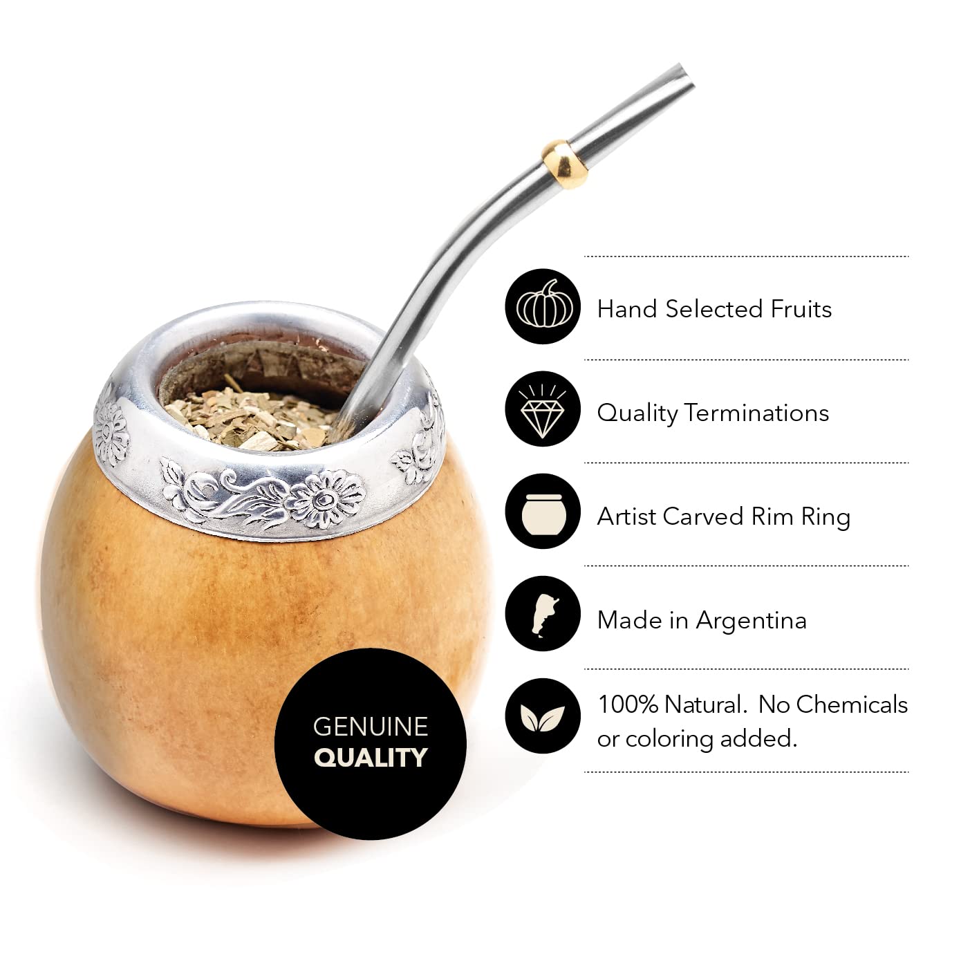 Traditional Calabash Mate Gourd Set for Two - Yerba Mate Bag Included (Brown & Natural)