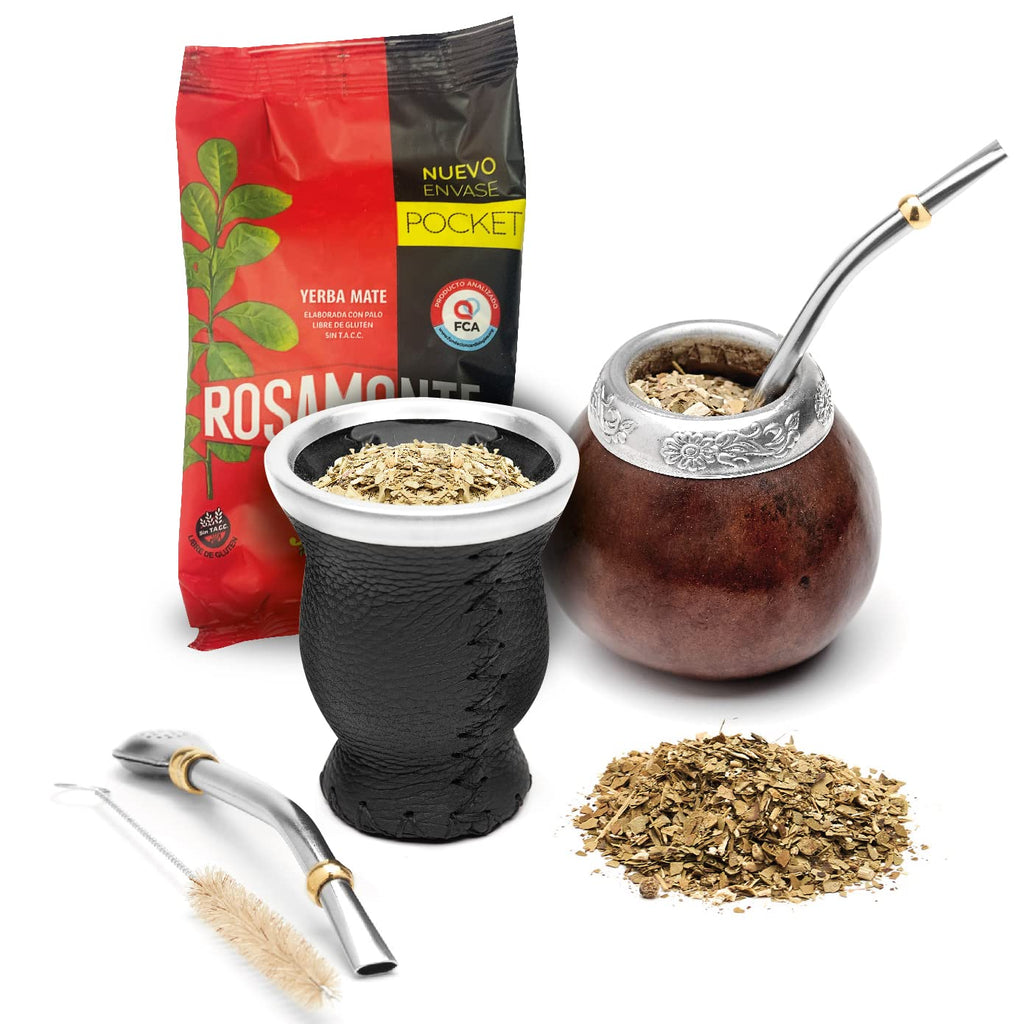 Traditional Calabash Mate Gourd Set for Two - Yerba Mate Bag Included (Brown & Black)