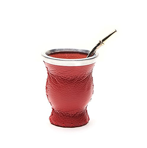 Leather & Glass Yerba Mate Gourd Set (Red)