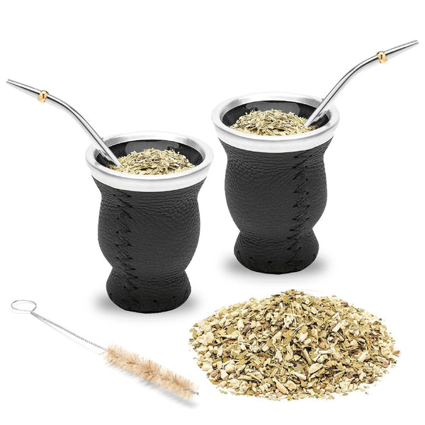 Modern Leather & Glass Yerba Mate Gourd Set for Two (Black)