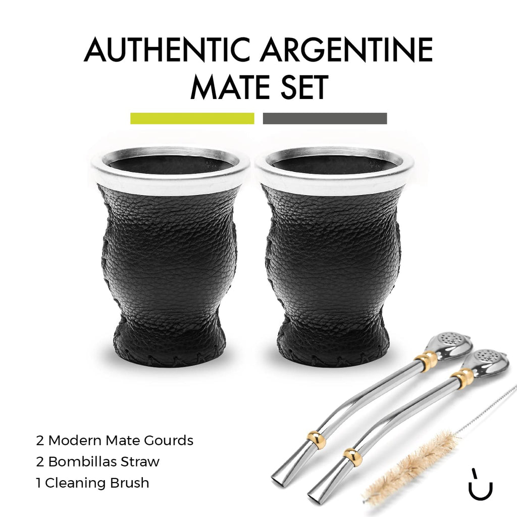 Modern Leather & Glass Yerba Mate Gourd Set for Two (Black)
