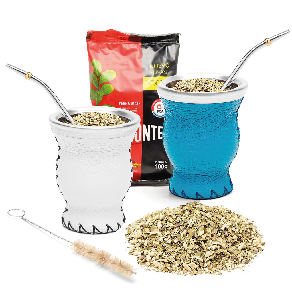 Modern Leather & Glass Yerba Mate Gourd Set for Two - Yerba Mate Bag Included (Sky Blue & White)