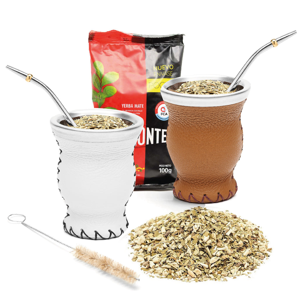 Modern Leather & Glass Yerba Mate Gourd Set for Two - Yerba Mate Bag Included (White & Suela)