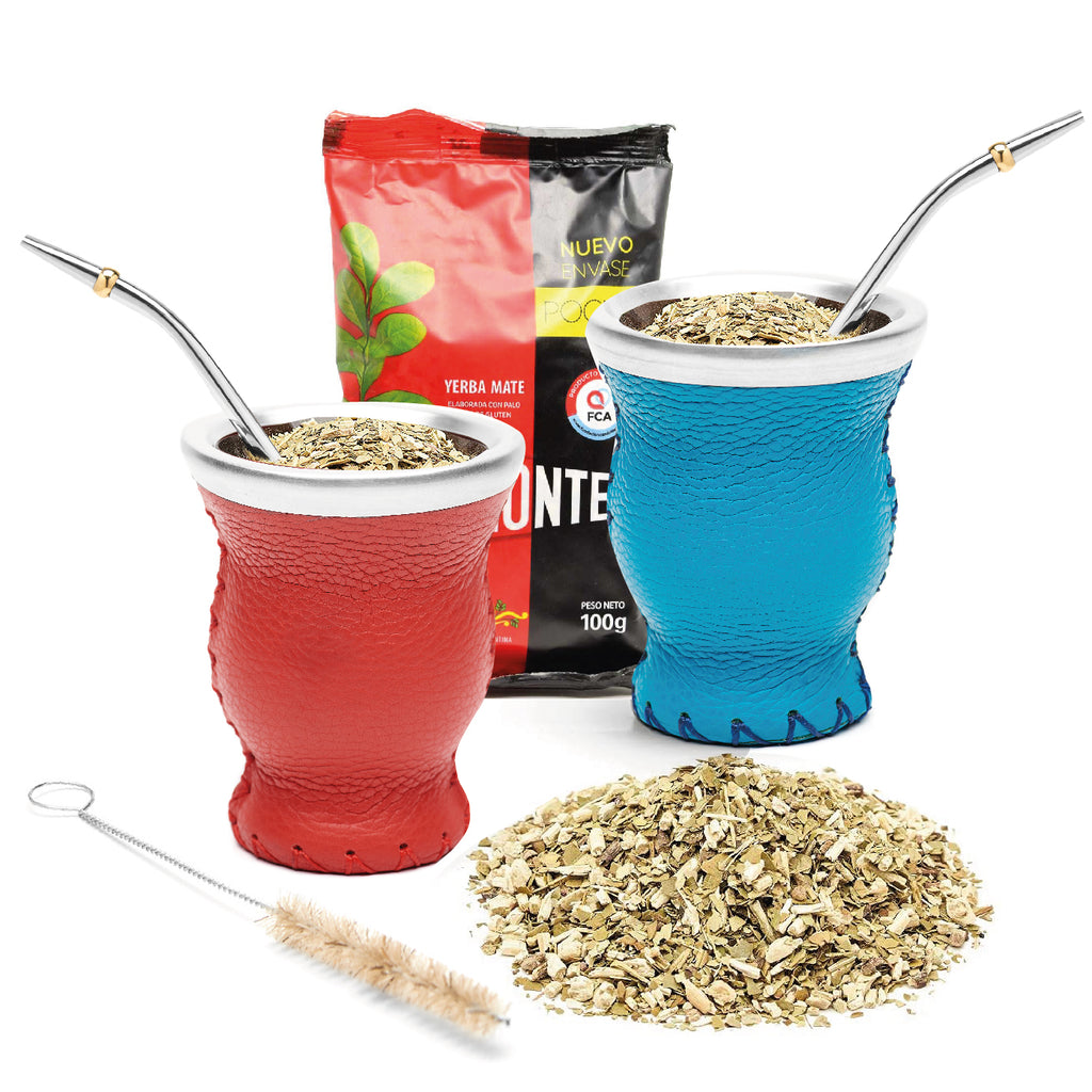 Modern Leather & Glass Yerba Mate Gourd Set for Two - Yerba Mate Bag Included (Red & Sky Blue)