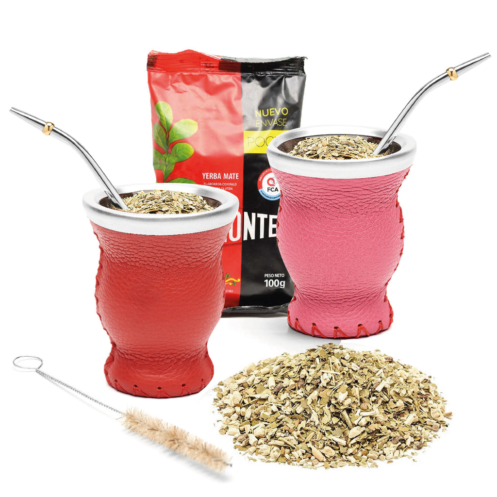 Modern Leather & Glass Yerba Mate Gourd Set for Two - Yerba Mate Bag Included (Pink & Red)