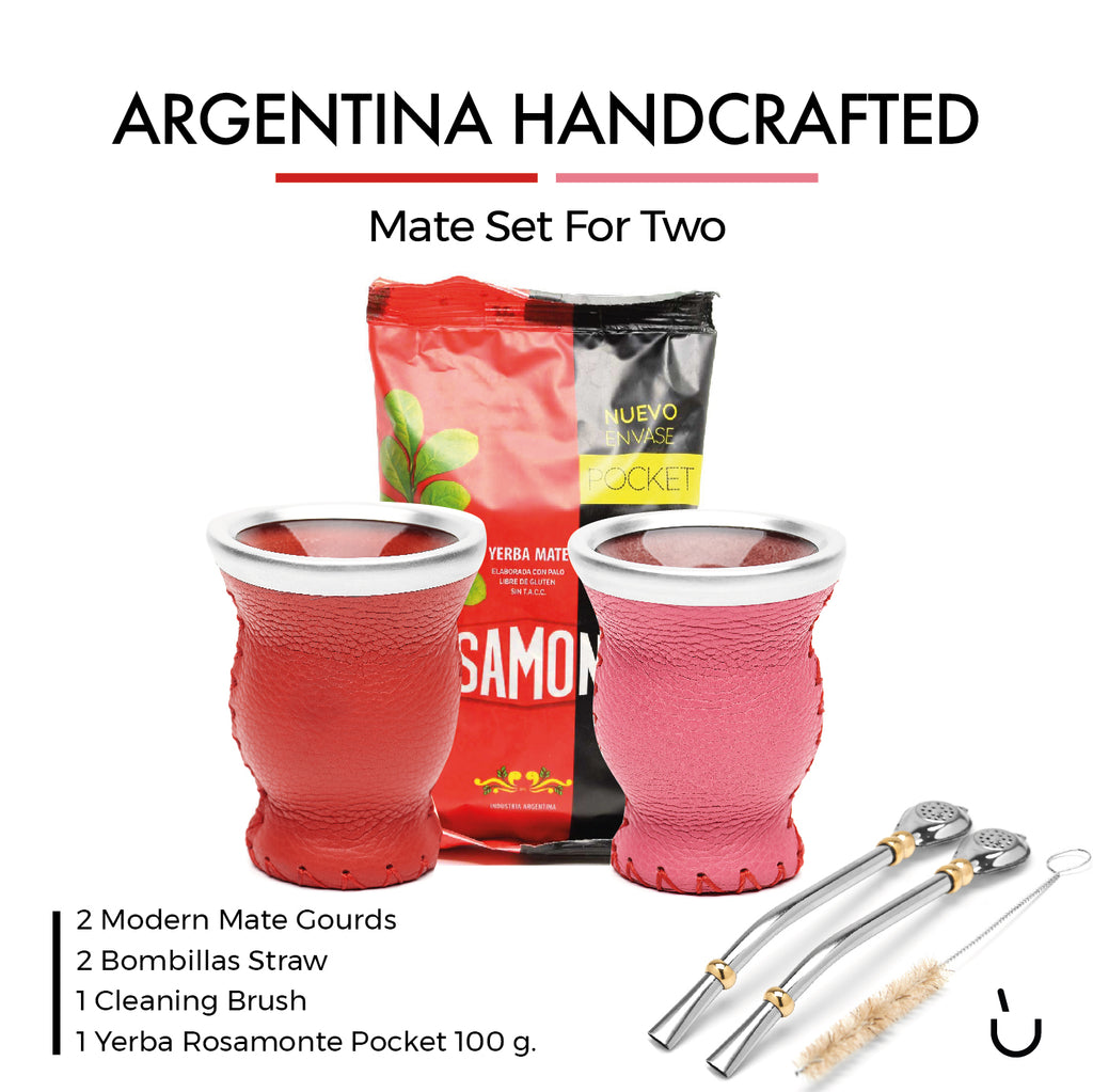 Modern Leather & Glass Yerba Mate Gourd Set for Two - Yerba Mate Bag Included (Pink & Red)