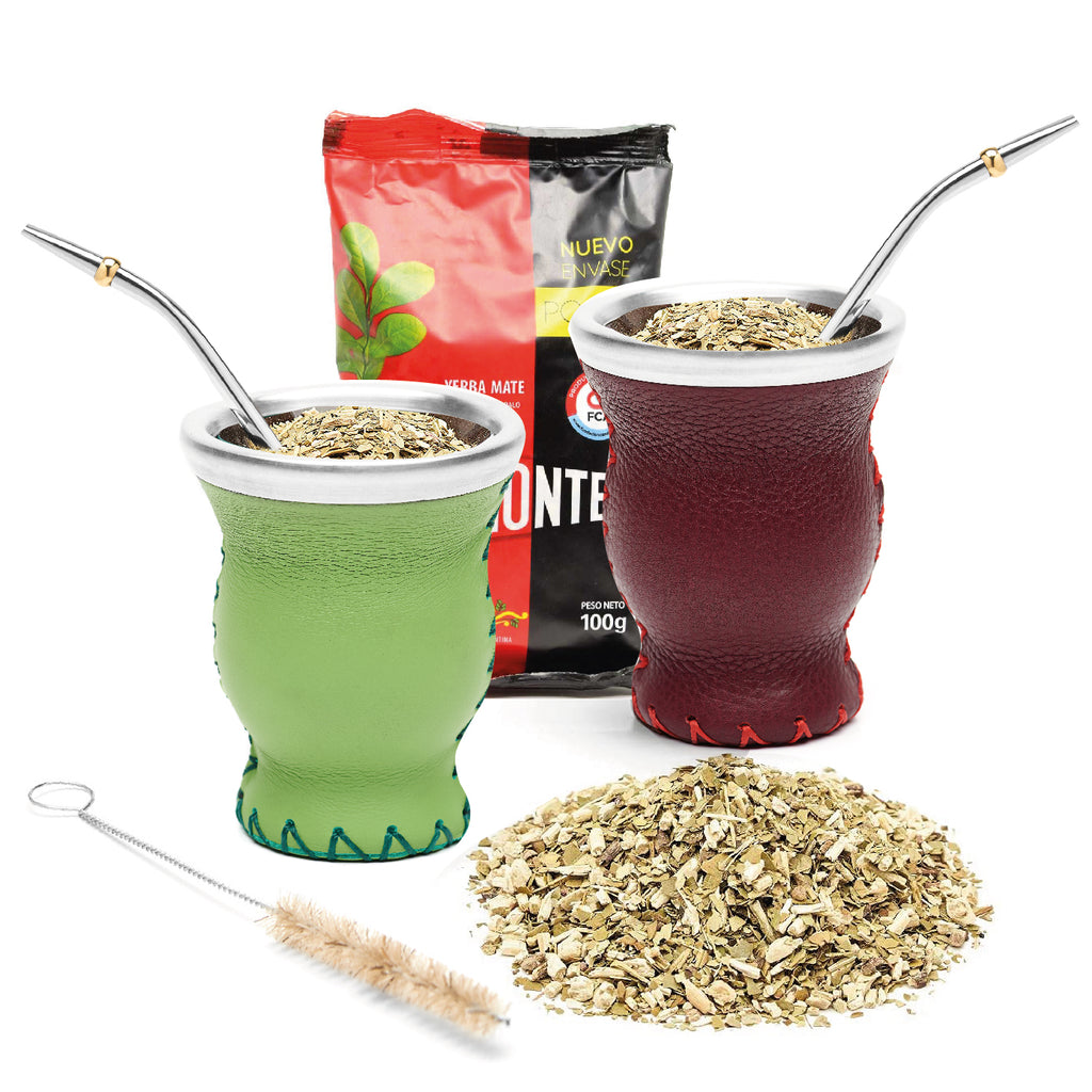 Modern Leather & Glass Yerba Mate Gourd Set for Two - Yerba Mate Bag Included (Green & Burgundy)