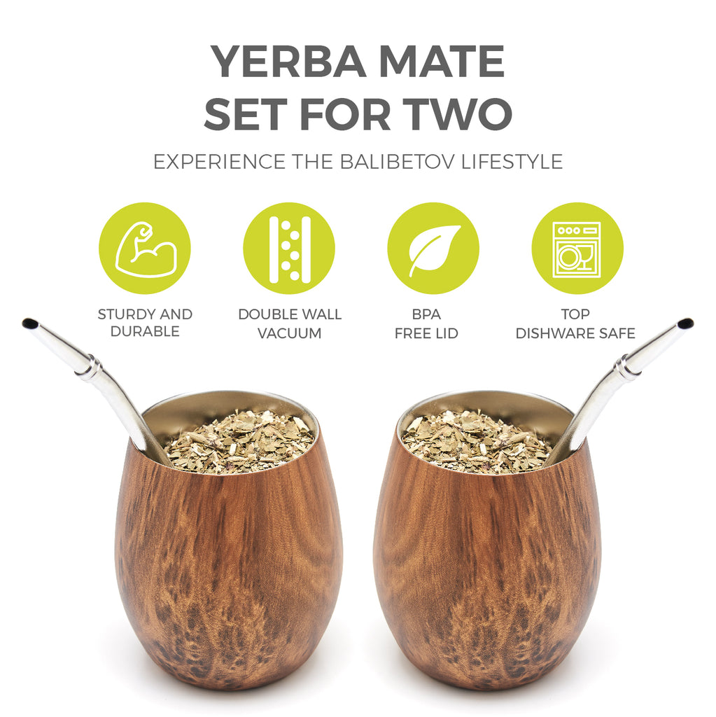 Premium Edelstahl Yerba Mate Set für Zwei (Holz)