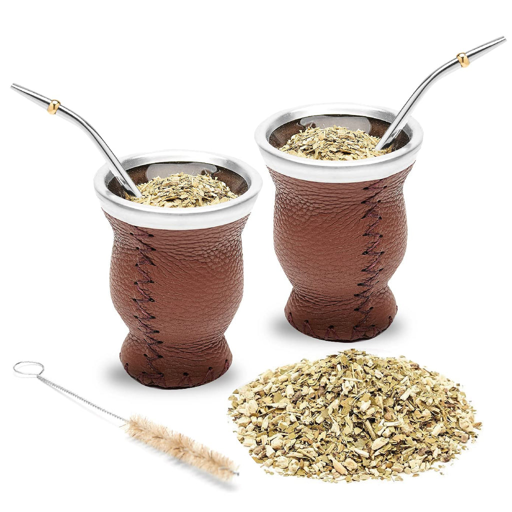 Modern Leather & Glass Yerba Mate Gourd Set for Two (Brown)