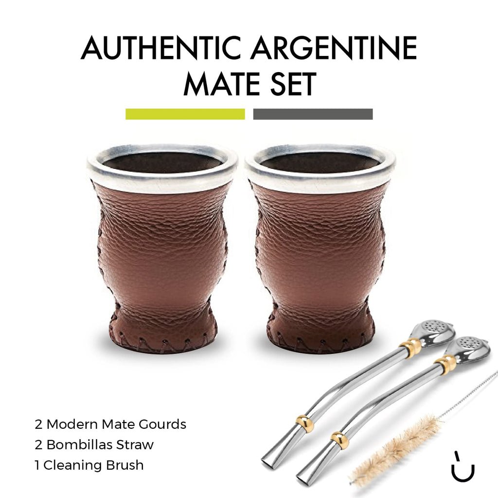 Modern Leather & Glass Yerba Mate Gourd Set for Two (Brown)